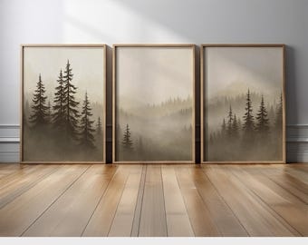 Misty Forest Wall Art Set of 3 | Neutral Pine Tree Canvas Prints in Beige and Taupe | Rustic Nature-Inspired Minimalist Decor