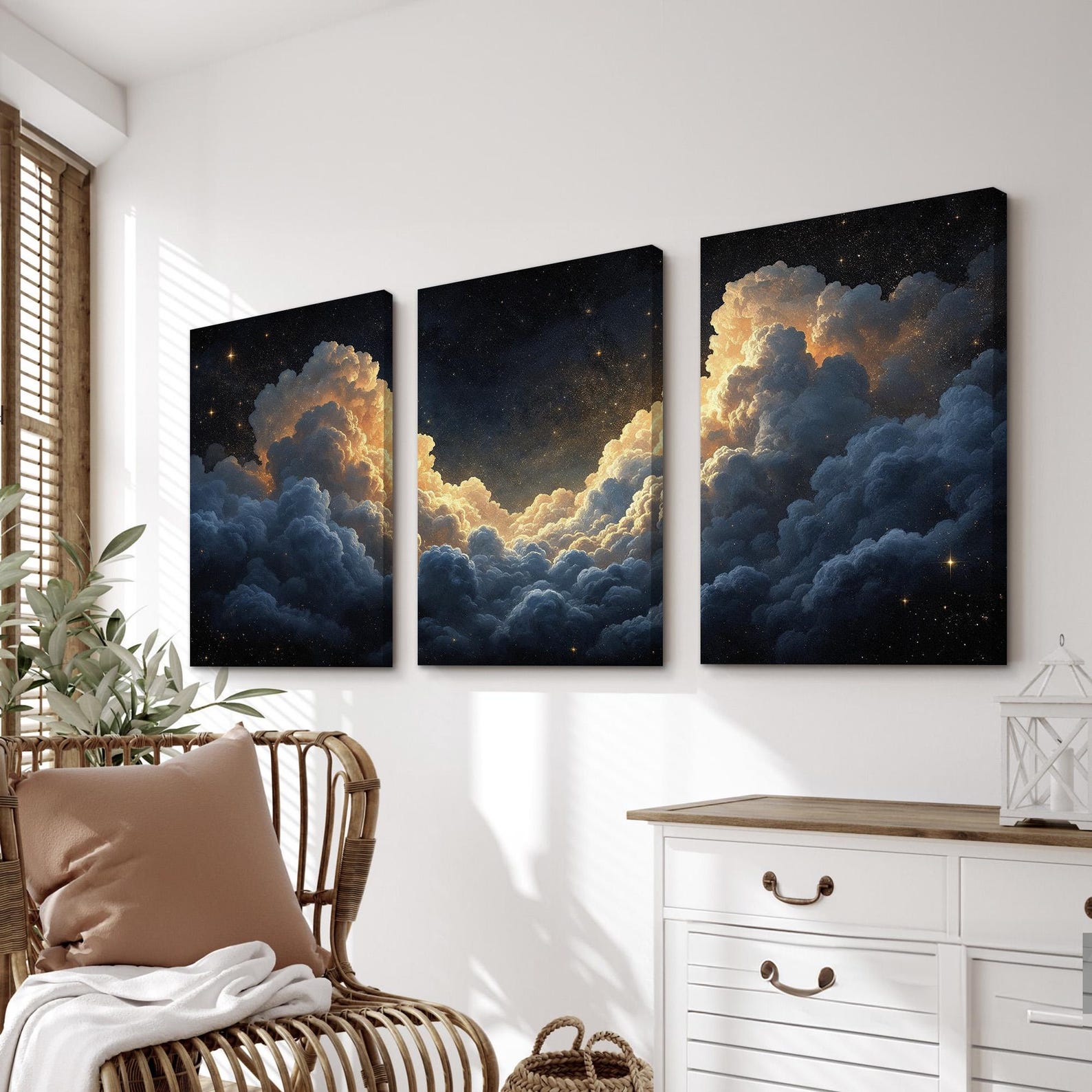 Celestial Cloud Wall Art Set of 3 | Glowing Night Sky Triptych Canvas ...