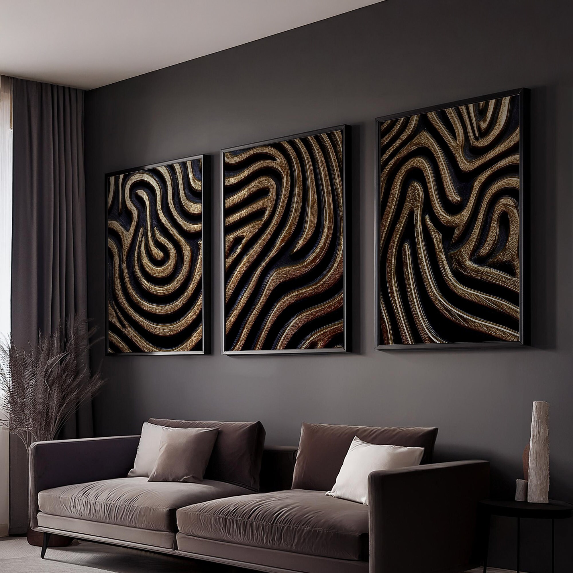 Set of 3 Black and Gold Abstract Art Luxury Wall Decor for Contemporary