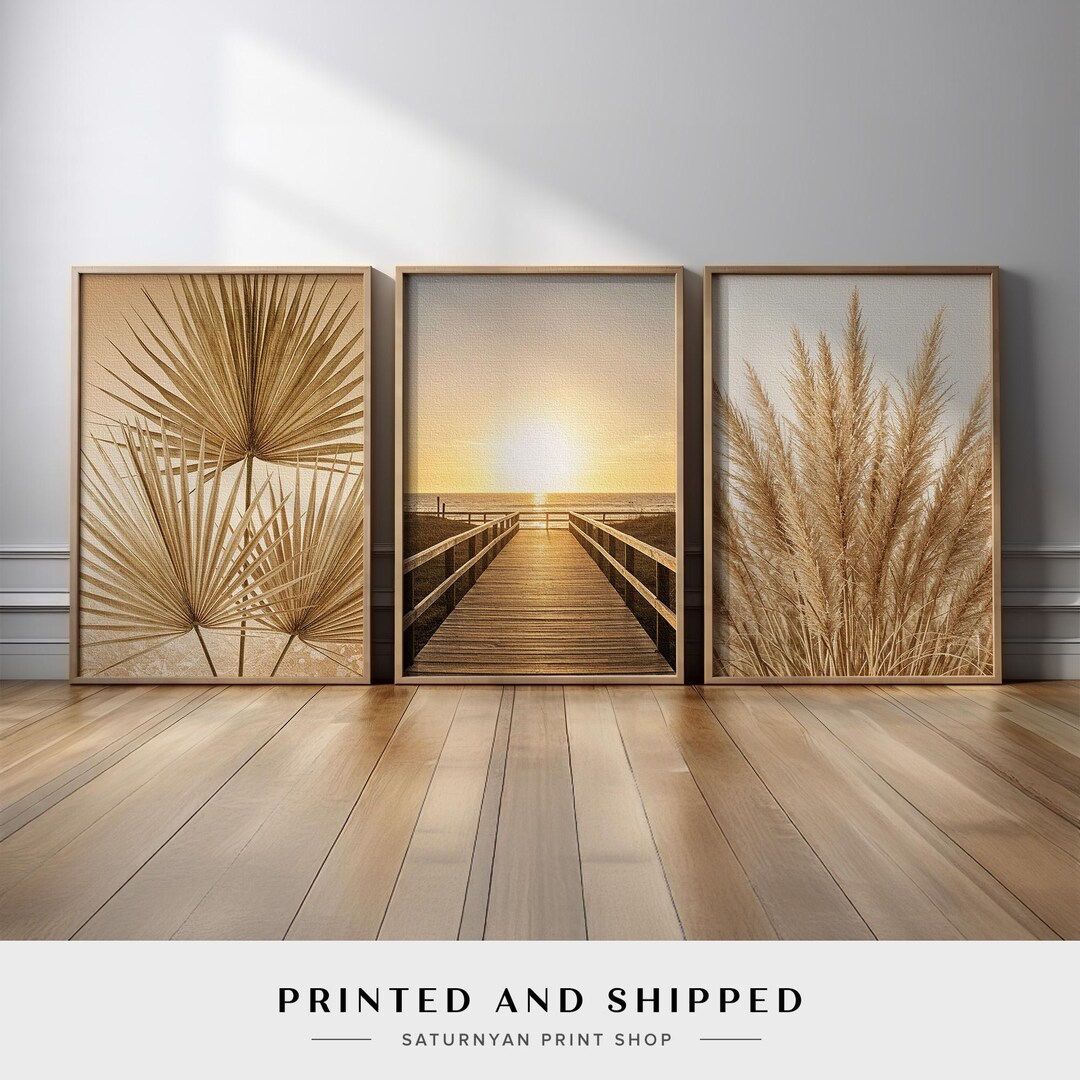 Coastal Wall Art Set of 3 | Neutral Beach Canvas Triptych With Palm ...