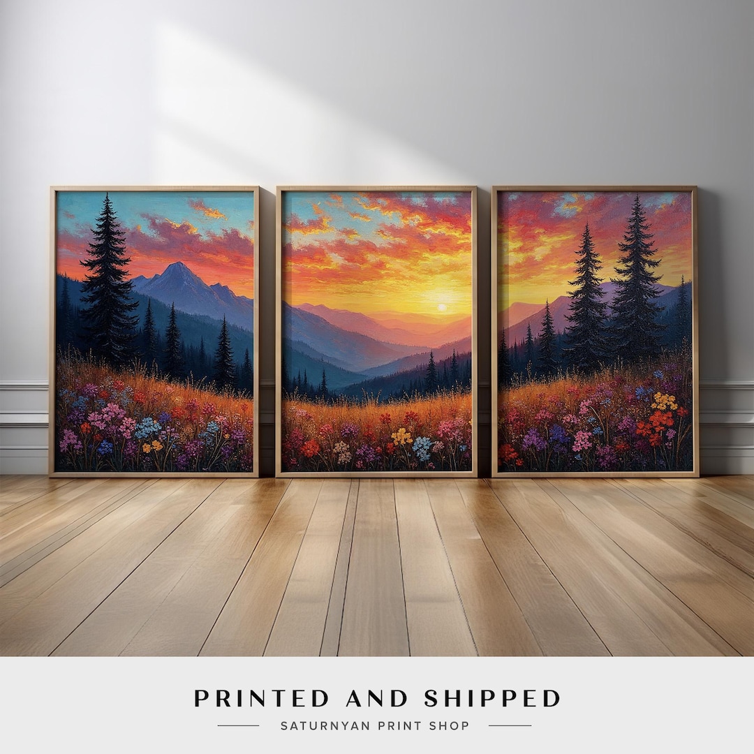 Mountain Sunset Wall Art Set of 3 | wildflower Meadow and Pine Tree ...