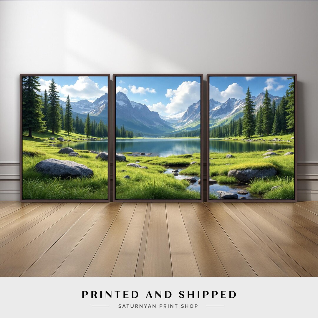 Mountain Nature Landscape Lake Wall Art Set of 3 | Alpine Forest River ...