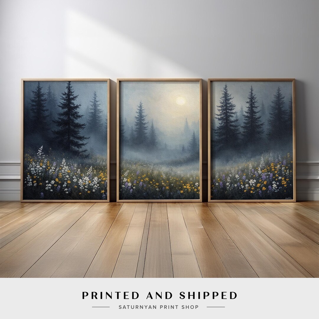 Nature Landscape Wall Art Triptych | Misty Pine Forest and Wildflower ...