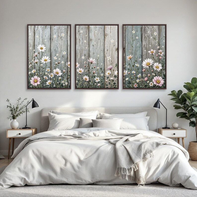 Farmhouse Flower Wall Art Triptych | Daisy and Wildflower Canvas Prints ...