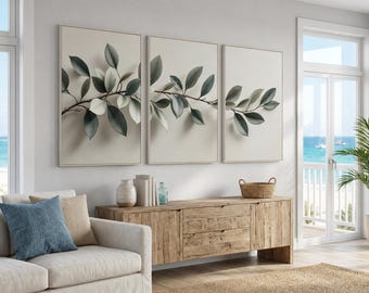 Minimalist Botanical Wall Art Set of 3 | Olive Green Leaf Branch Canvas Prints on Beige Background | Neutral Nature for Scandinavian Decor