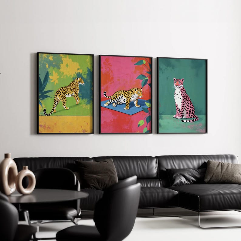 Set of 3 Vibrant Leopard Wall Art | Bold and Colorful Jungle-Inspired Canvas Prints with Playful Pink and Green Tones for Modern Home Decor image 2