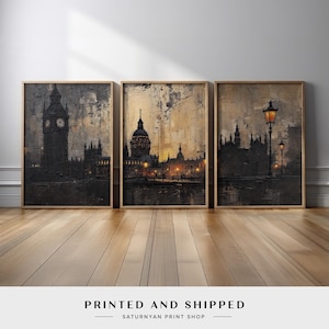 London Cityscape Wall Art Set of 3 | Nightscape Moody Urban Triptych with Big Ben, Street Lamps | Vintage European Architecture Canvas Print