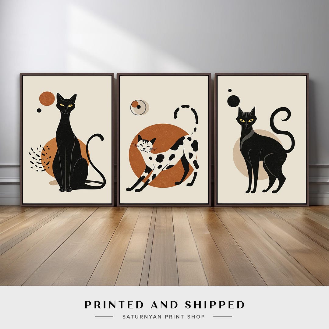 Modern Cat Wall Art Set of 3 | Minimalist Black Cat and Spotted Cat ...