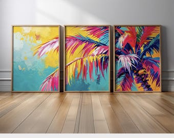 Colorful Palm Tree Wall Art - Set of 3 Modern Tropical Abstract Art in Bright Yellow, Pink, and Blue for Contemporary or Beach House Decor