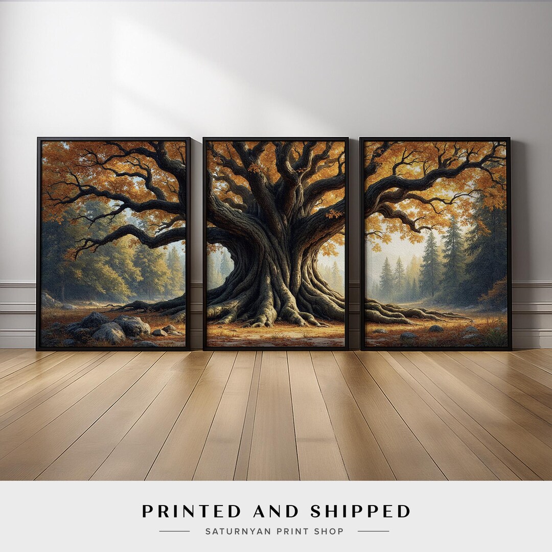 Rustic Oak Tree Wall Art Triptych | Autumn Forest Landscape Canvas ...