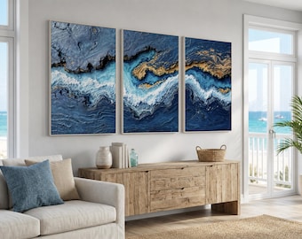 Abstract Ocean Wall Art Triptych | Modern Seascape Blue Wave Canvas Prints  | Coastal Artwork Set for Beach House Interiors