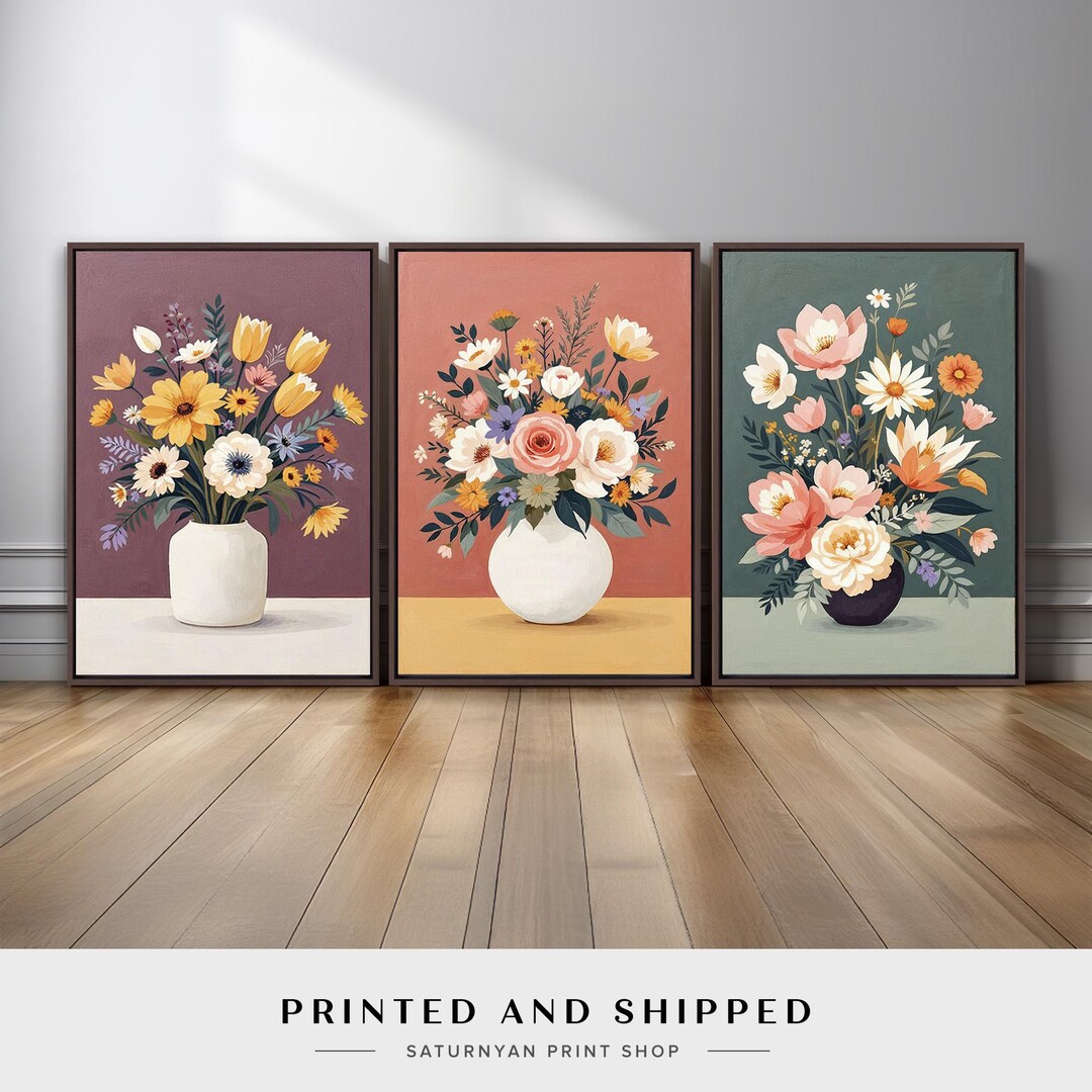 Botanical Flowers in Vases Triptych | Soft Pastel Floral Wall Art Set ...