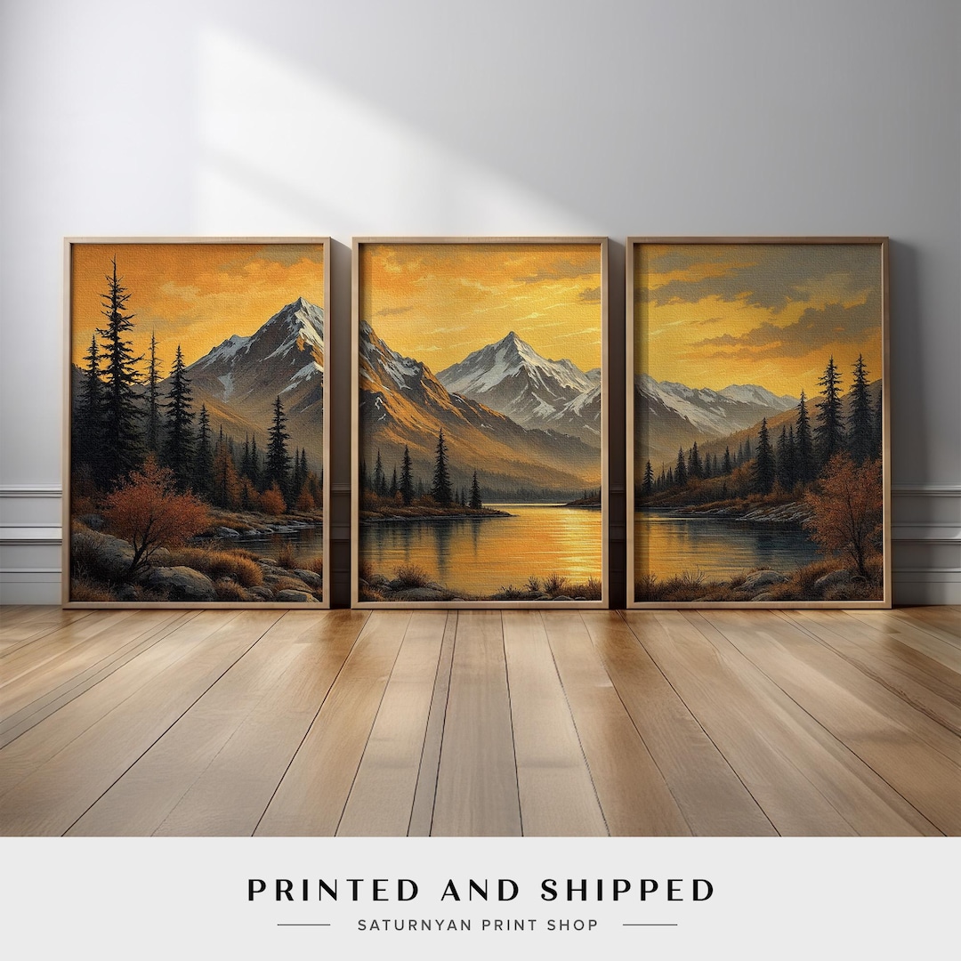 Sunset Landscape Mountain Lake Wall Art Set of 3 | Warm Golden Nature ...