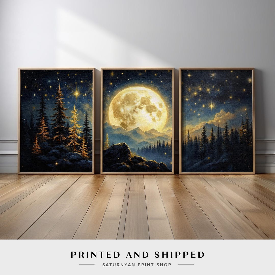 Full Moon and Starry Sky Wall Art Set | Pine Forest Night Scene Canvas ...