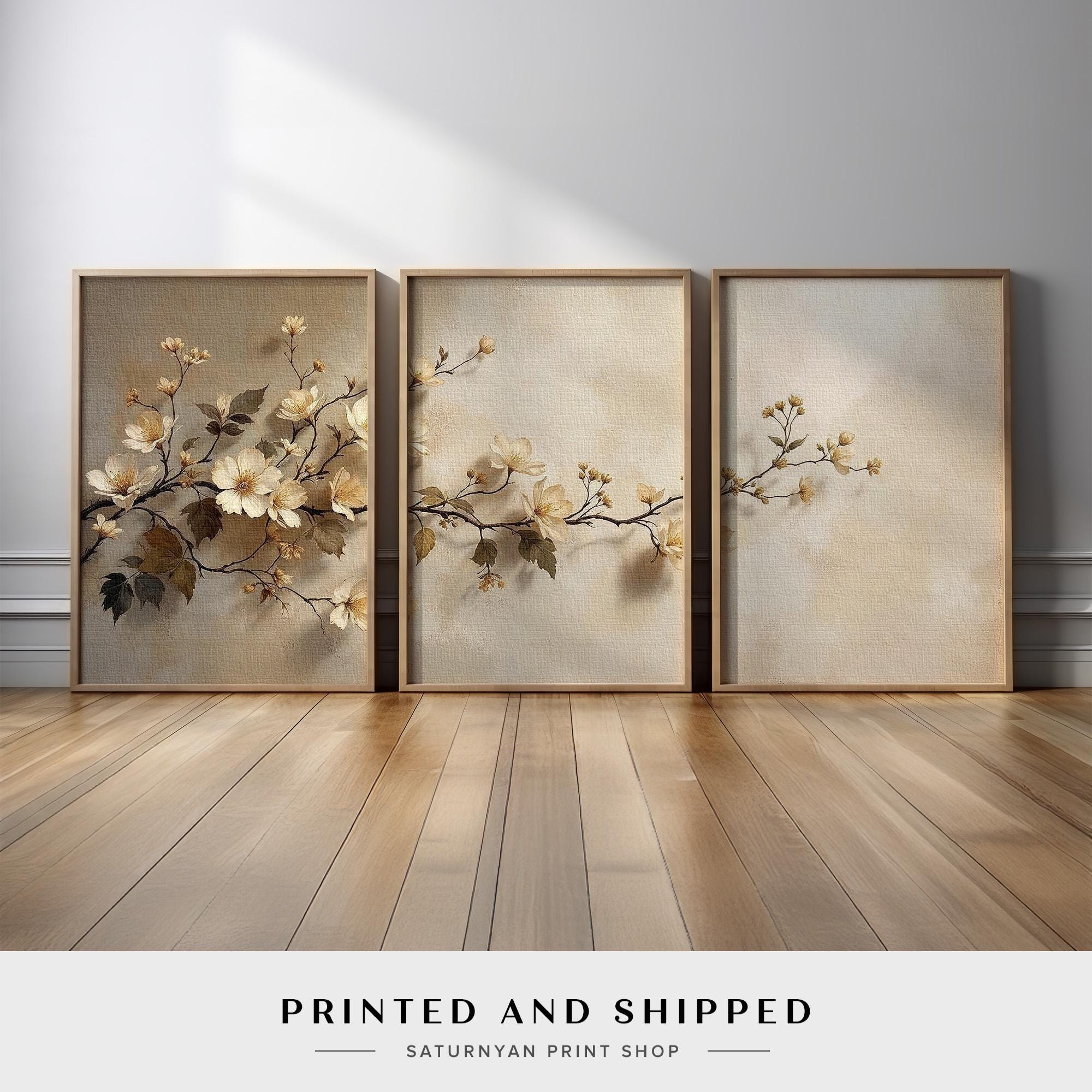 Neutral Floral Wall Art Set of 3 | Beige Cream Flower Branch Canvas ...