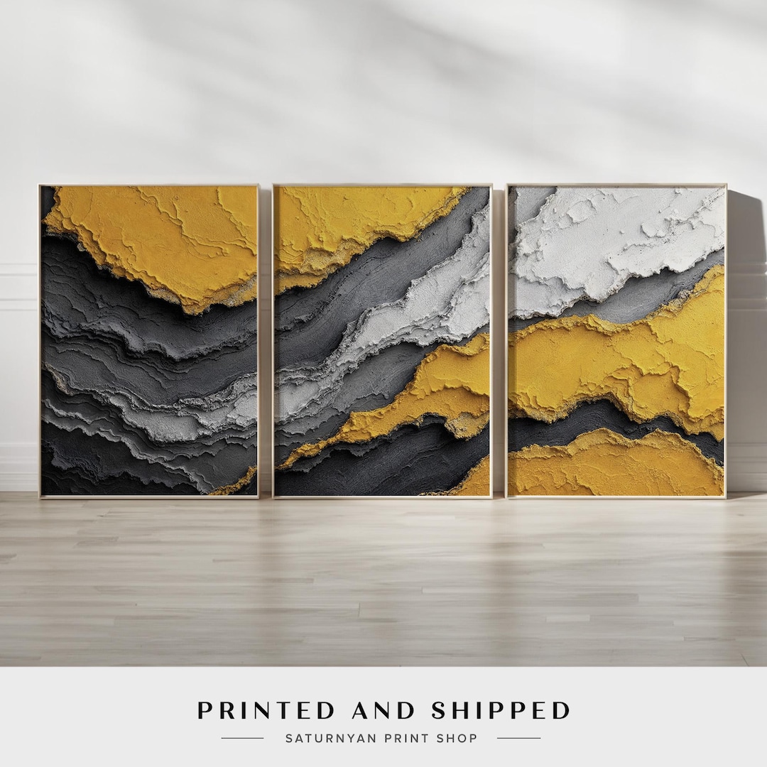 Modern Abstract Wall Art Set of 3 | Yellow, Black, and Gray Canvas ...