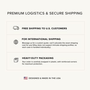 May include: A graphic with information about shipping options for customers. It includes free shipping to the U.S., international shipping with a custom quote, and heavy-duty packaging. The graphic also states that the products are designed and made in the USA.