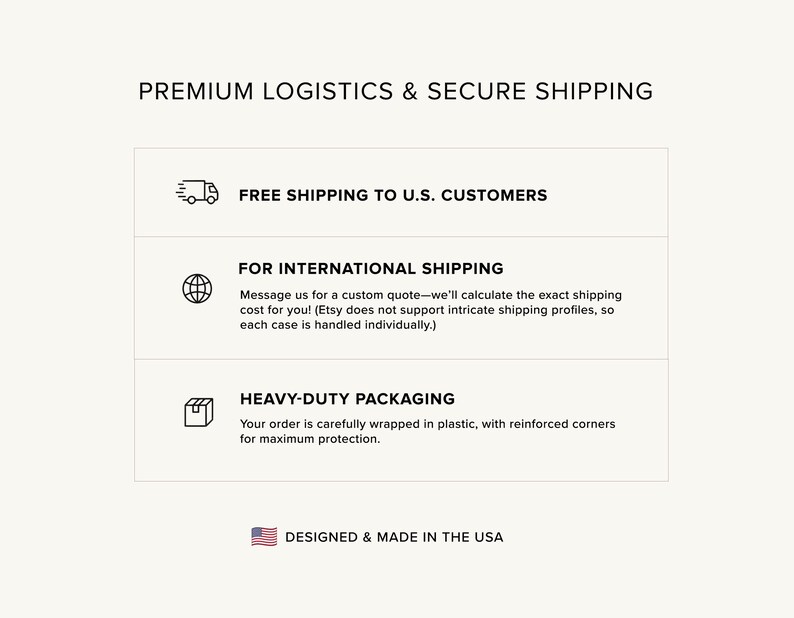 May include: A graphic with information about shipping options for customers. It includes free shipping to the U.S., international shipping with a custom quote, and heavy-duty packaging. The graphic also states that the products are designed and made in the USA.