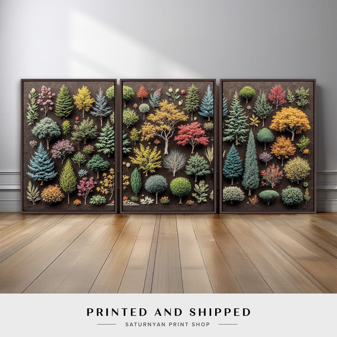 Botanical Wall Art Triptych | Colorful Tree and Plant Canvas Prints Set ...