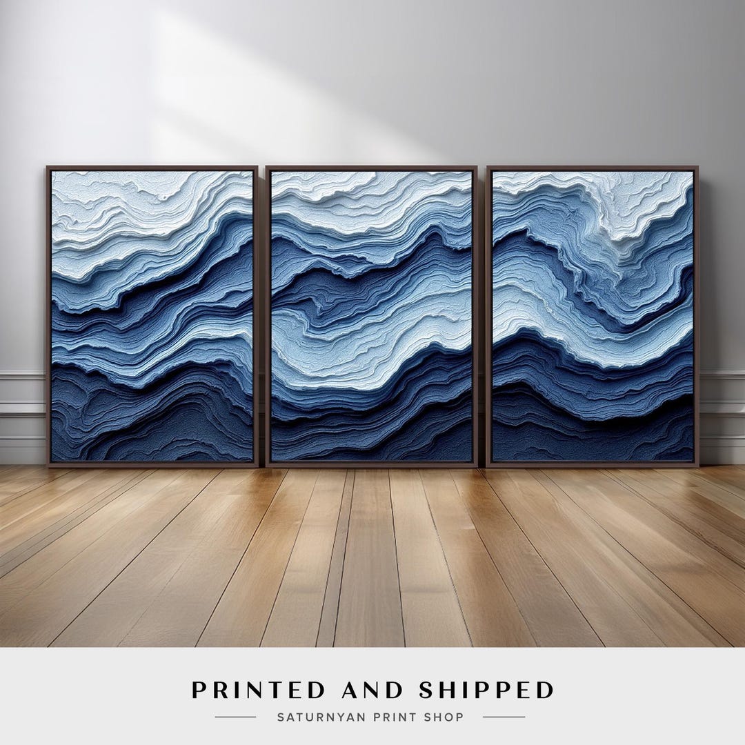 Coastal Blue Abstract Wall Art Set of 3 | Layered Ocean Wave Inspired ...