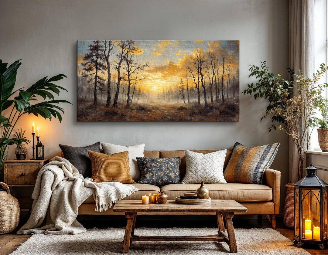 Serene Forest Landscape Wall Art, Misty Sunrise Canvas Print With Bare ...