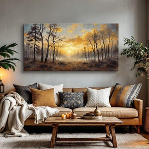 Serene Forest Landscape Wall Art, Misty Sunrise Canvas Print with Bare Trees and Golden Light, Nature-Inspired Home Decor for Living Room