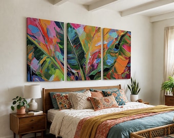 Set of 3 Colorful Banana Leaf Paintings – Tropical Nature-Inspired Decor – Vibrant Jungle Botanical Canvas Prints for Living Room or Office