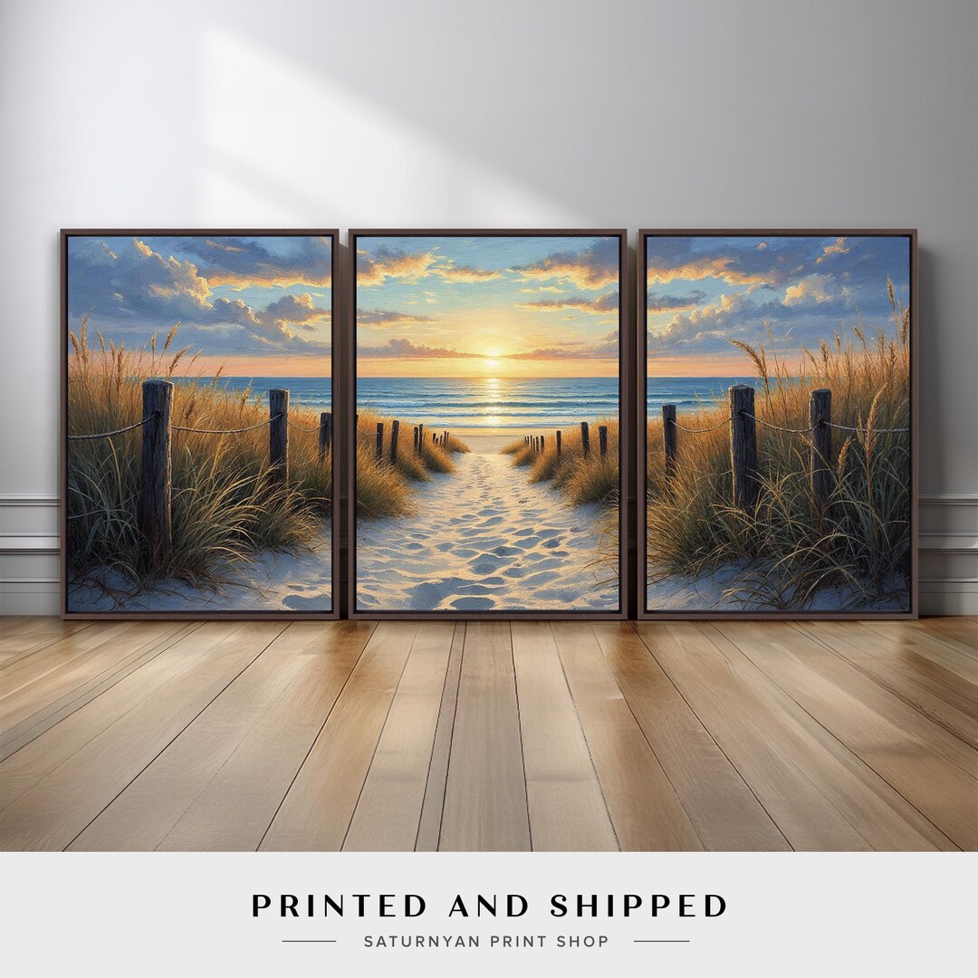Coastal Sunset Wall Art Triptych | Ocean Beach Path Canvas Prints Set ...