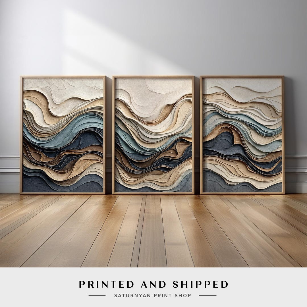 Abstract Neutral Wall Art Set of 3 | Beige and Blue Wave Layered Canvas ...