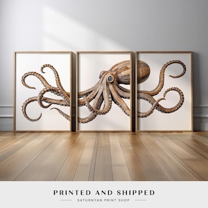 May include: A triptych wall art set featuring a large octopus illustration composed of segmented brown wooden planks. The octopus spans across three vertical rectangular frames with light-colored borders, displaying detailed suckers and curved tentacles.