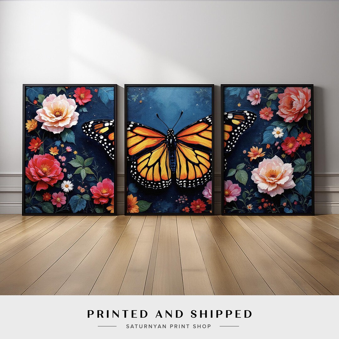 Floral Butterfly Wall Art Set of 3 | Romantic Botanical Triptych Canvas ...