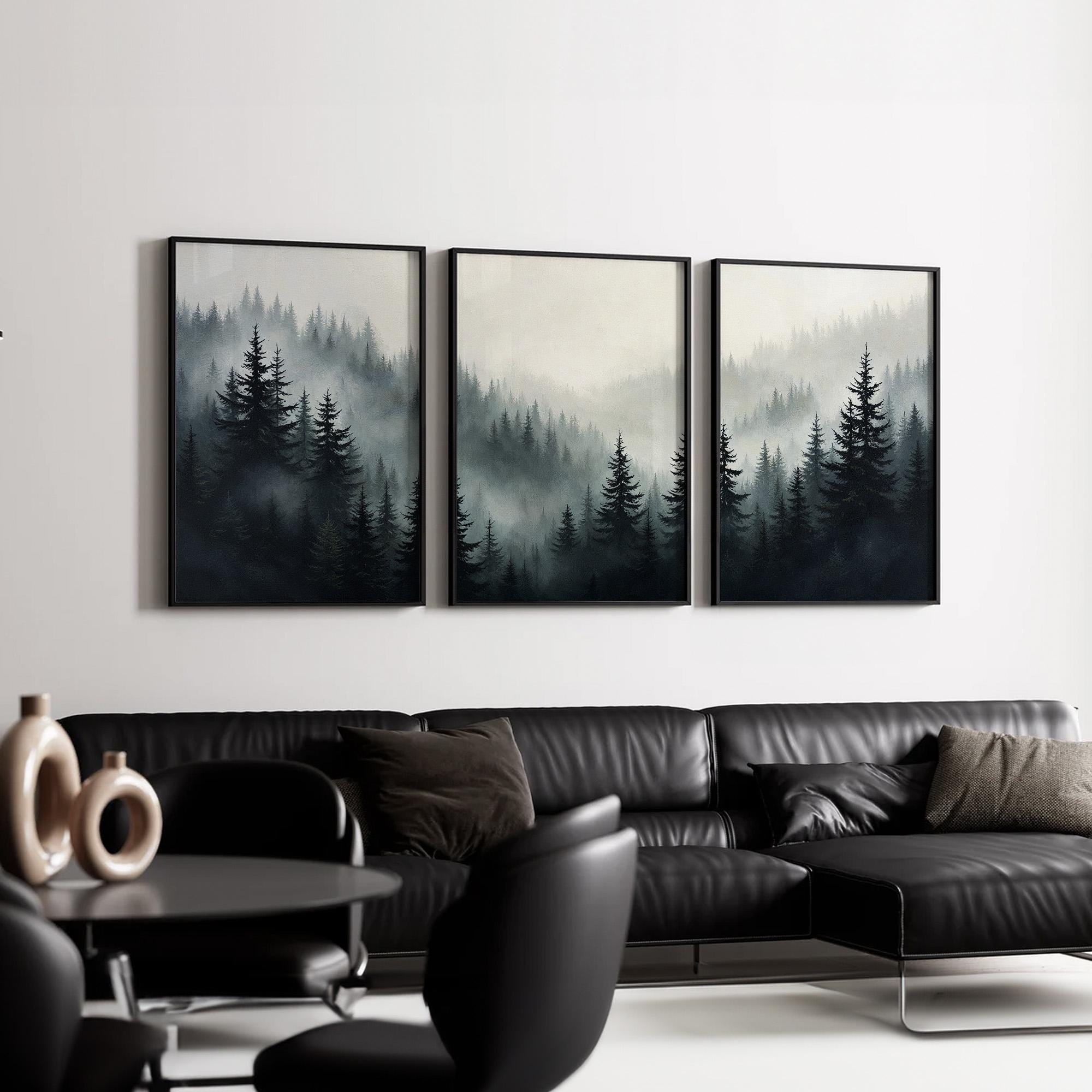 Misty Forest Landscape Triptych Wall Art Set | Black and White Pine ...