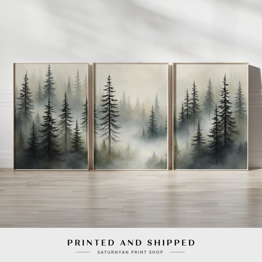 Misty Forest Wall Art Set of 3 | Foggy Pine Tree Landscape Canvas in ...