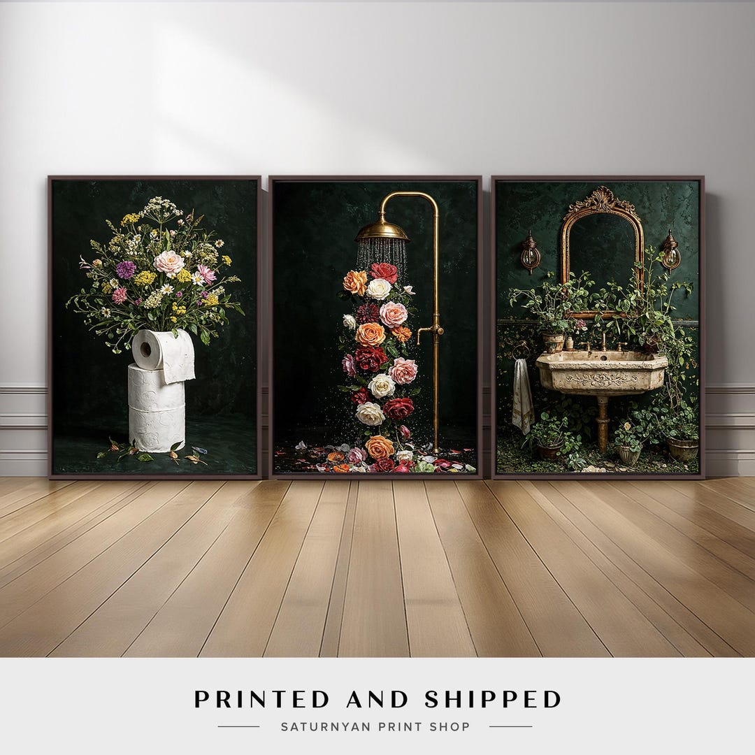 Whimsical Floral Bathroom Wall Art Set of 3 | Vintage Sink, Gold Shower ...