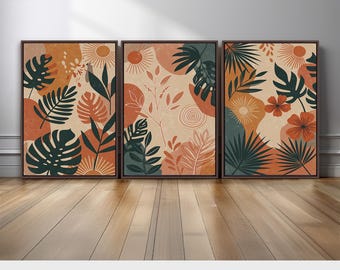 Boho Tropical Wall Art Set of 3 | Abstract Botanical Print Set with Leaves, Flowers, and Warm Earth Tones | Modern Bohemian Canvas Triptych