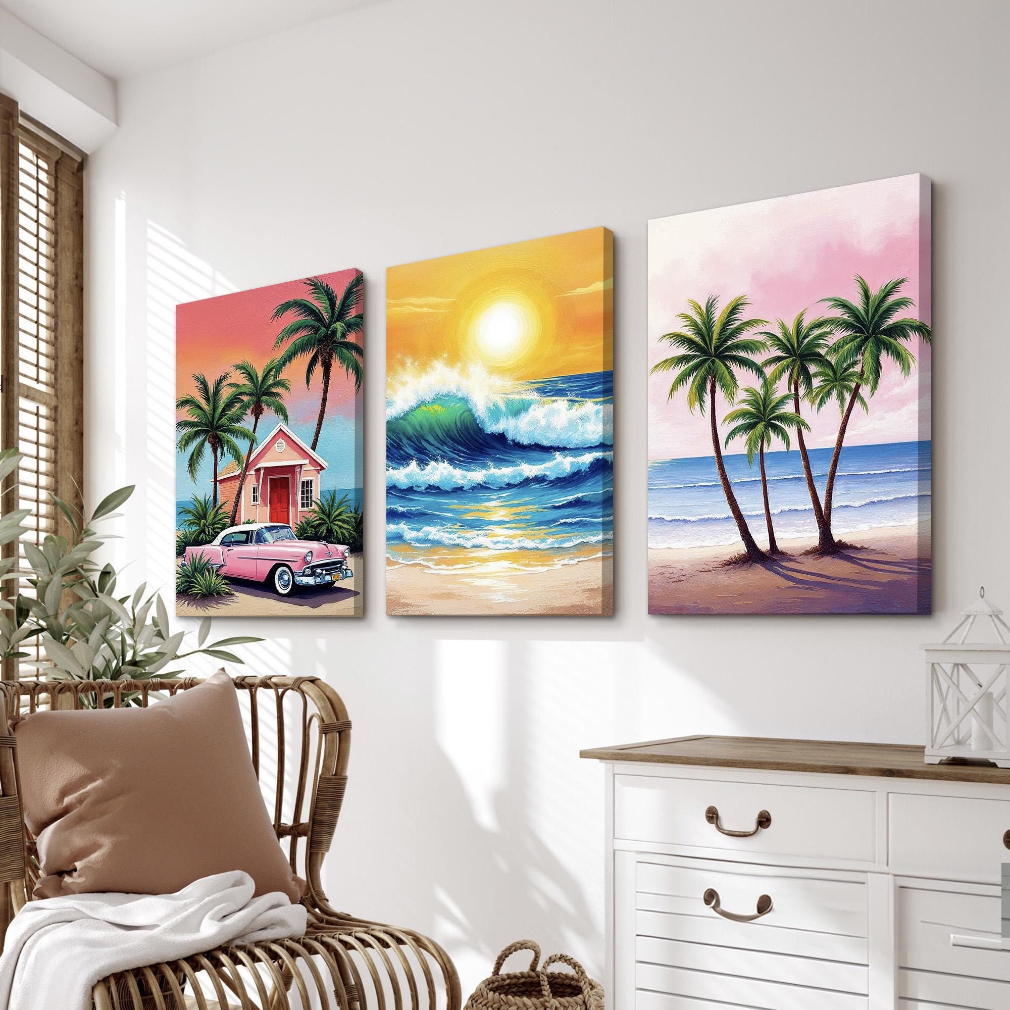 Retro Beach Wall Art Triptych | Tropical Palm Tree Sunset Canvas ...