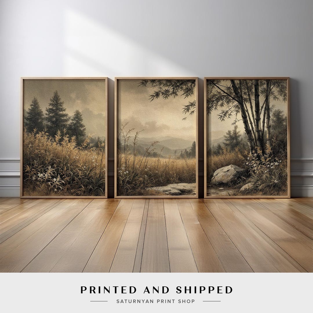 Vintage Landscape Forest Meadow Wall Art Set of 3 | Rustic Farmhouse ...