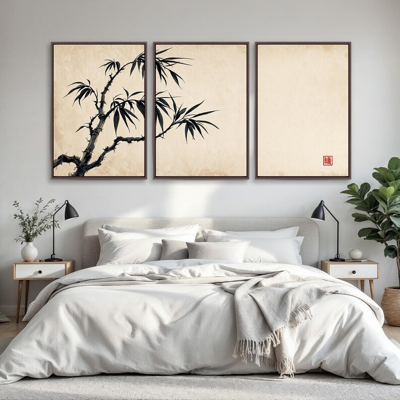 Japanese Minimalist Bamboo Wall Art Set of 3 | Zen Sumi-e Ink Painting ...