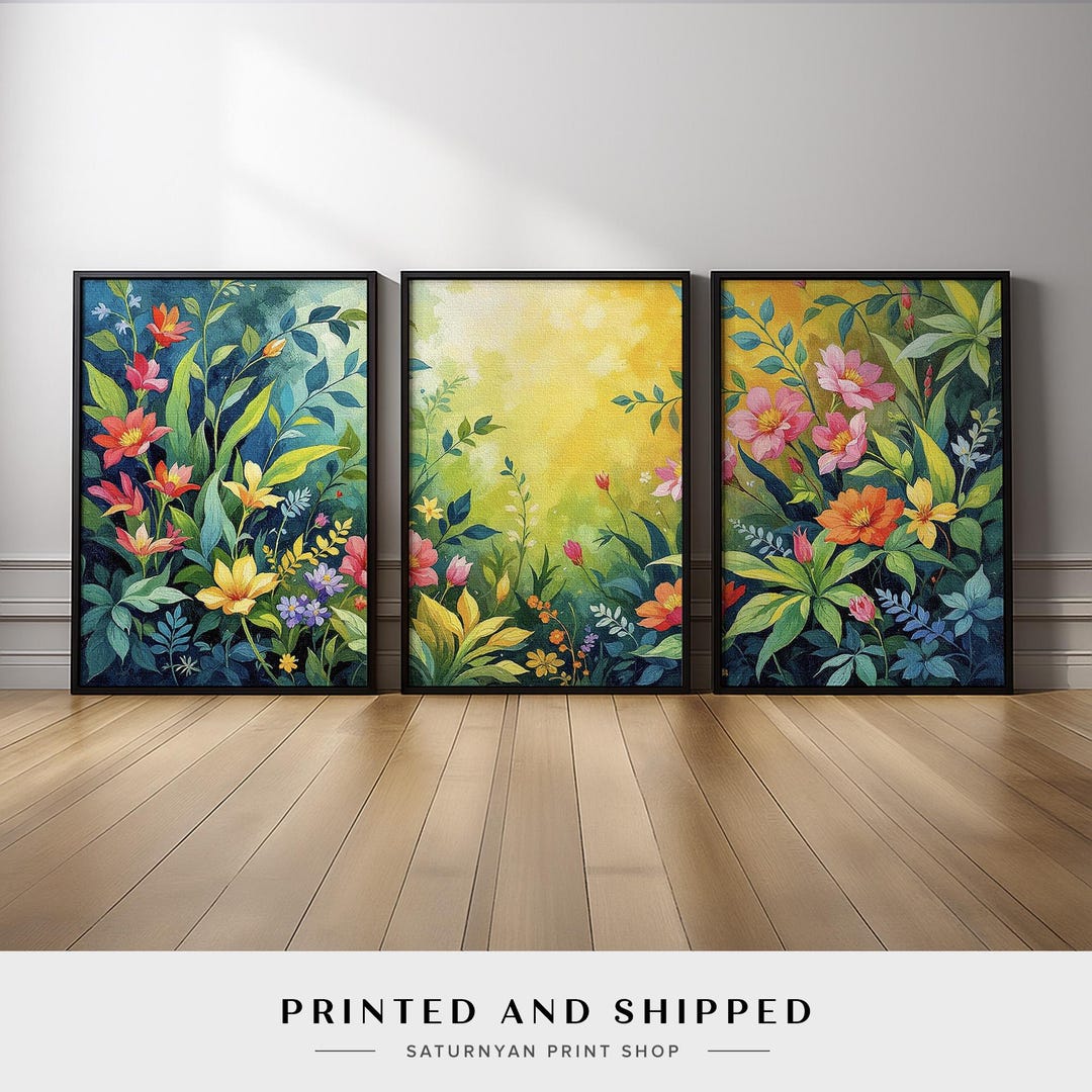 Nature Wall Art Set of 3 | Bright Botanical Floral Triptych With Garden ...