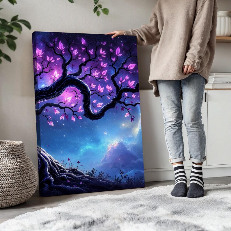 Fantasy Wall Art Triptych | Purple Tree With Galaxy Sky and Stars ...