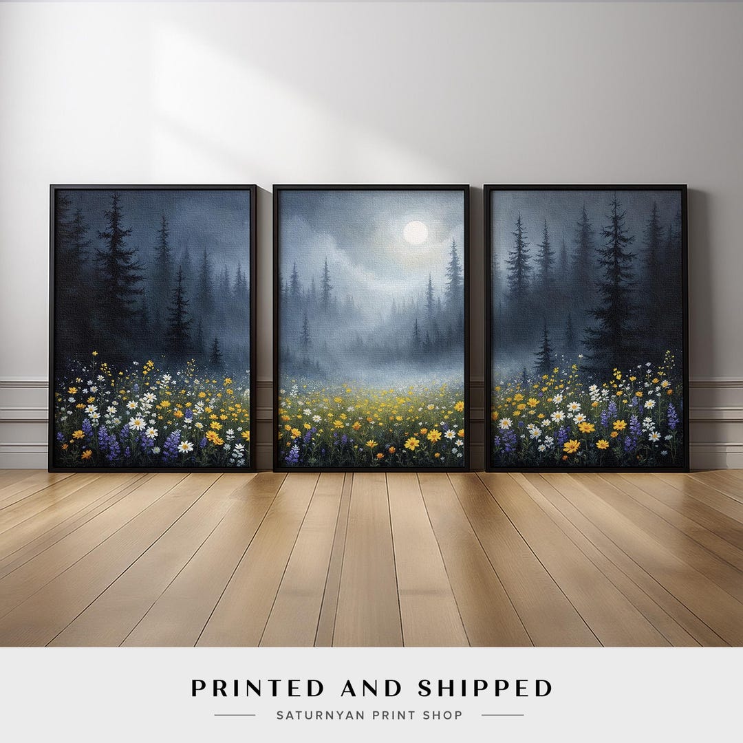 Forest and Wildflower Meadow Wall Art Set of 3 | Misty Moonlight Canvas ...