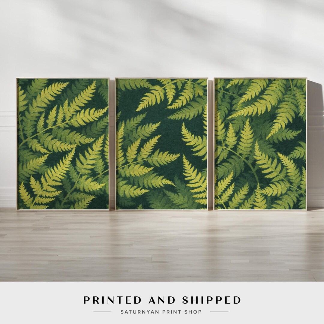 Green Fern Botanical Wall Art Set of 3 | Tropical Leaf Pattern Canvas ...