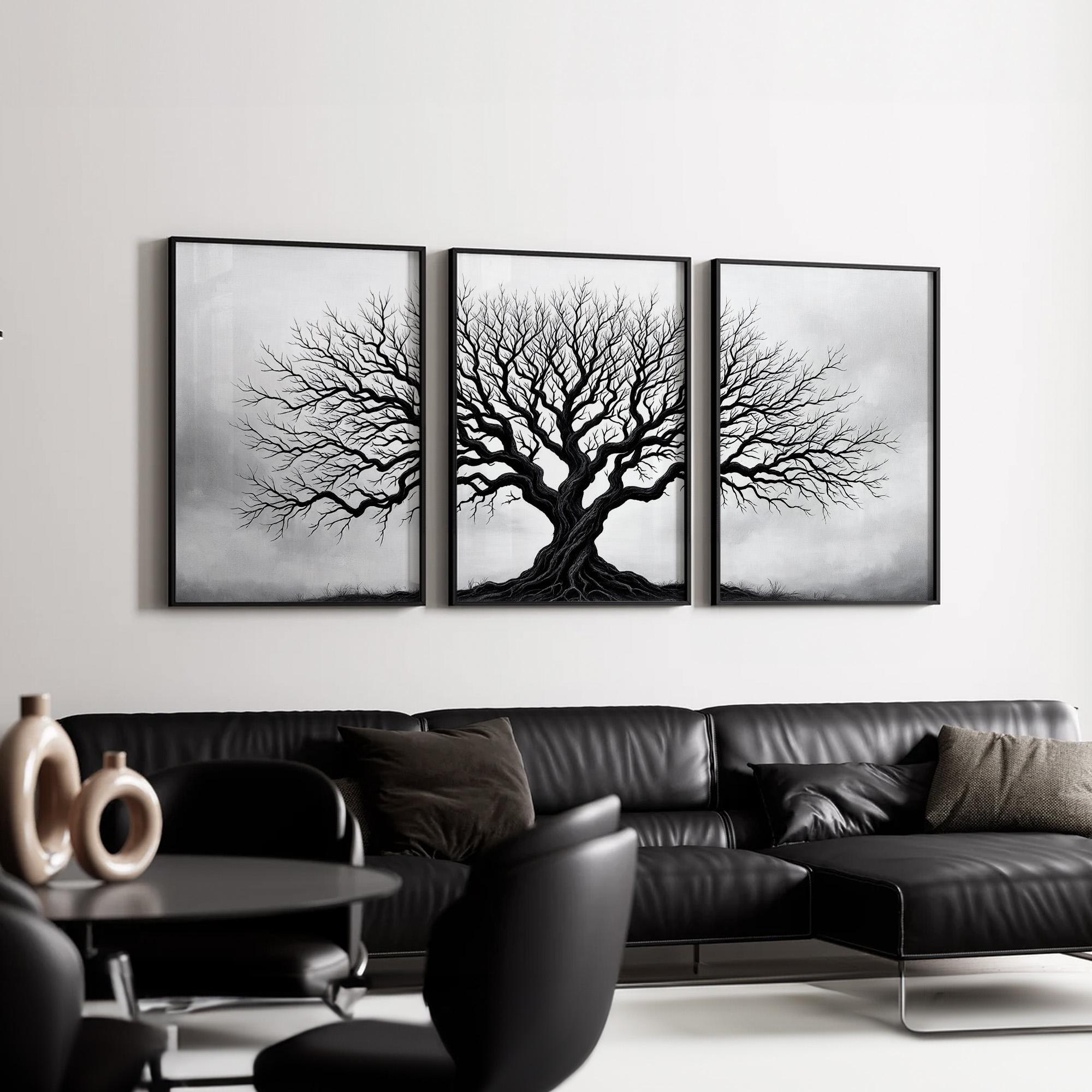 Monochrome Tree Wall Art Set of 3 | Minimalist Black and White