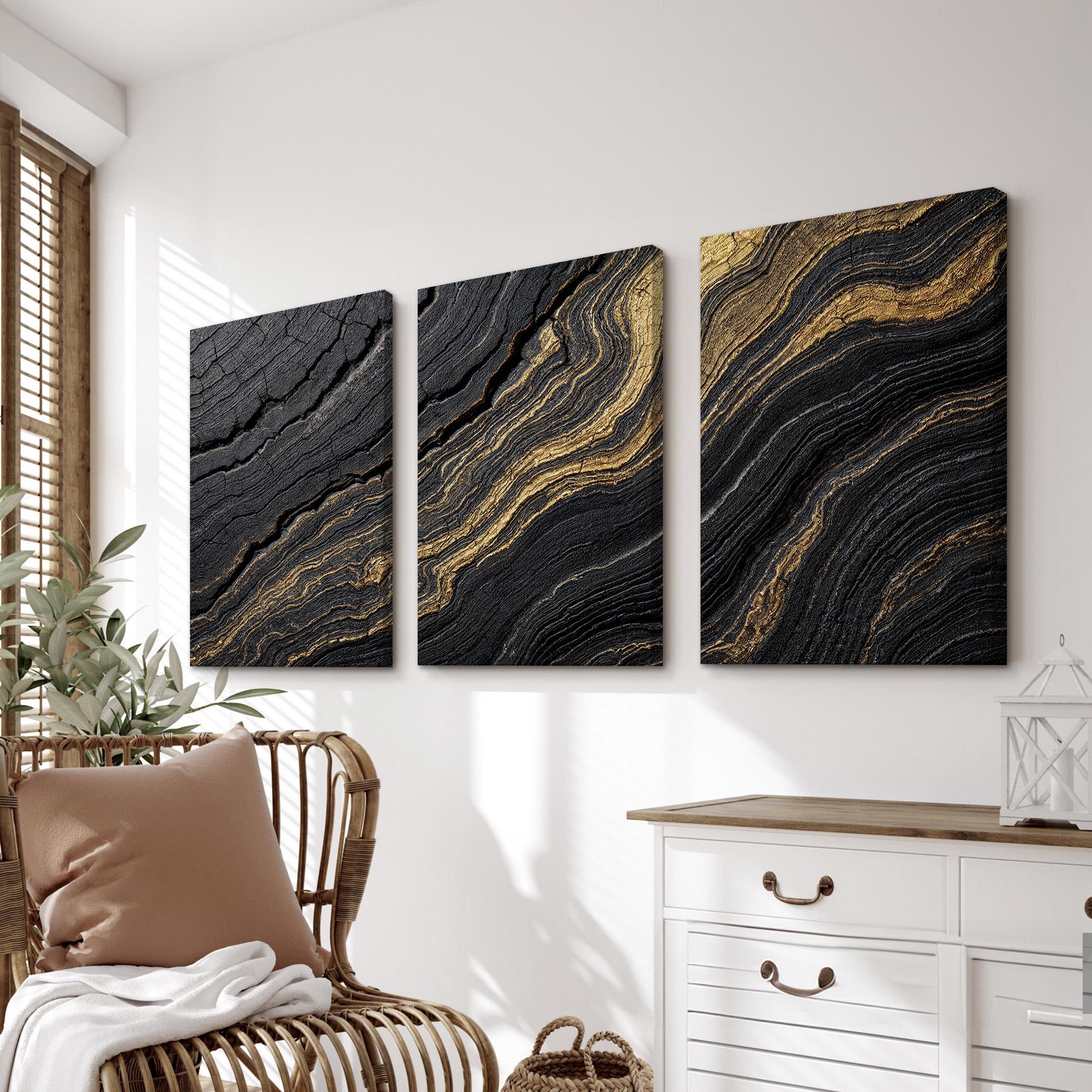 Black and Gold Abstract Wall Art Set of 3 | Modern Wave Pattern Canvas ...