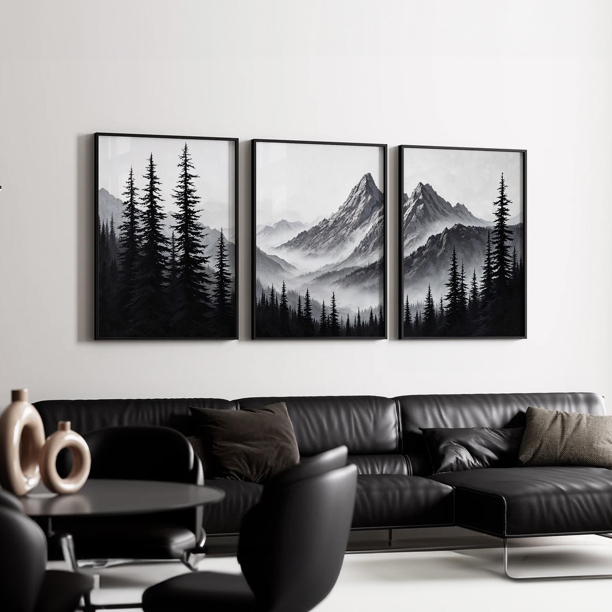Black and White Mountain Wall Art Set of 3 | Misty Pine Tree