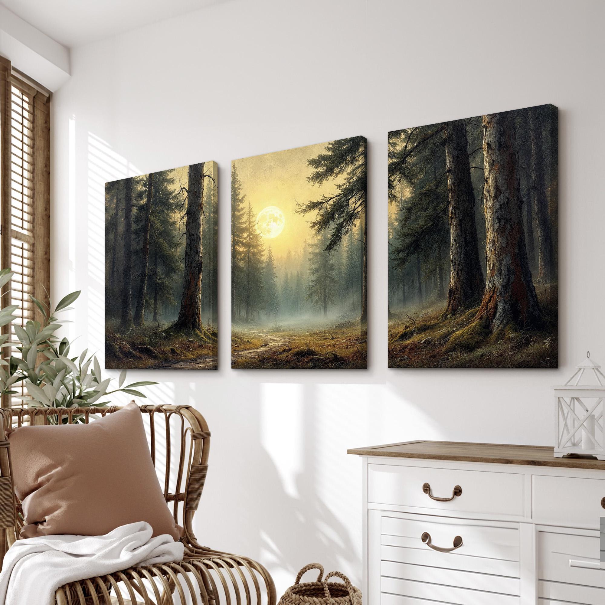 Forest Landscape Wall Art Set of 3 | Moonlight Pine Trees Canvas Prints ...