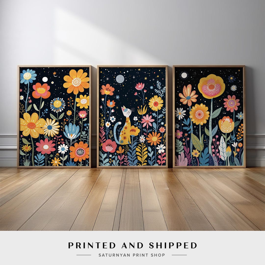 Whimsical Botanical Floral and Cat Wall Art Set of 3 | Vibrant Flowers ...