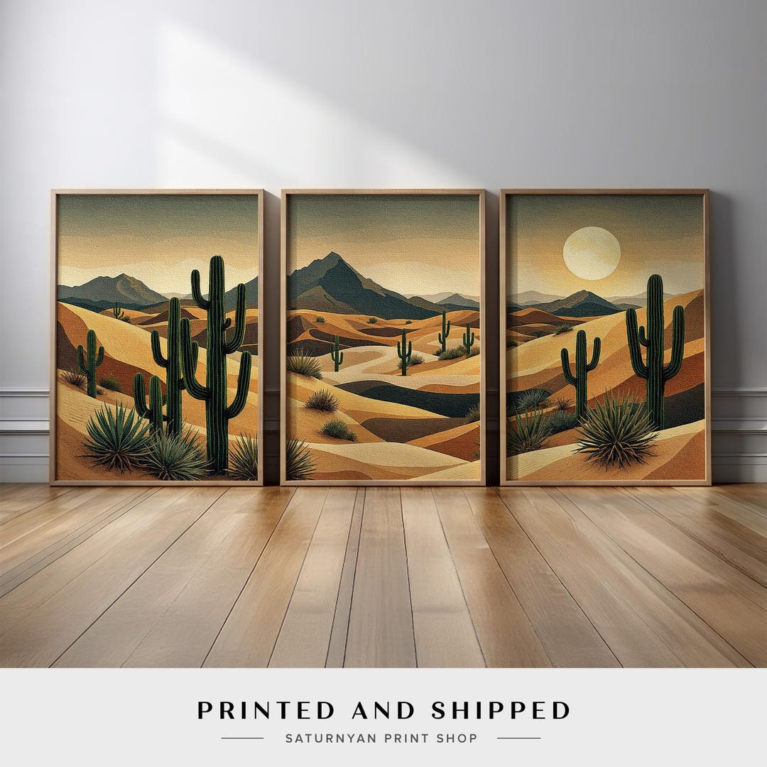 Southwestern Wall Art Set of 3 | Desert Cactus Landscape Triptych With ...