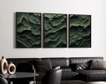 Earthy Green Abstract Triptych Canvas Print | 3 Panel Topographic Landscape Wall Art Set | Abstract Terrain-Inspired Modern Home Decor