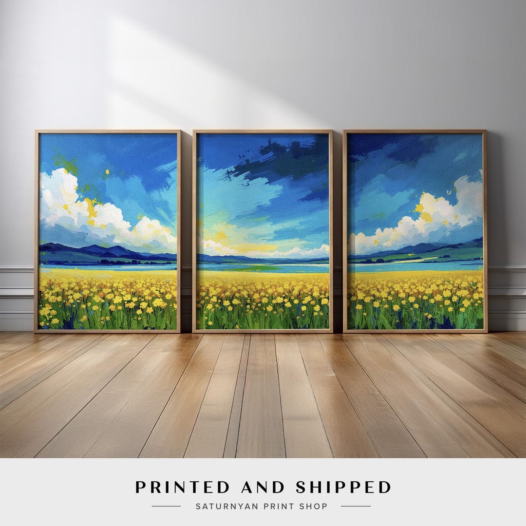 Floral Landscape Wall Art Triptych | Yellow Flower Field With Blue Sky ...